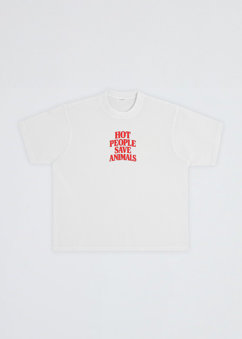 A white short-sleeve crewneck t-shirt with the slogan 'HOT PEOPLE SAVE ANIMALS' printed in red retro-style block letters on the center chest, displayed flat against a light gray background.