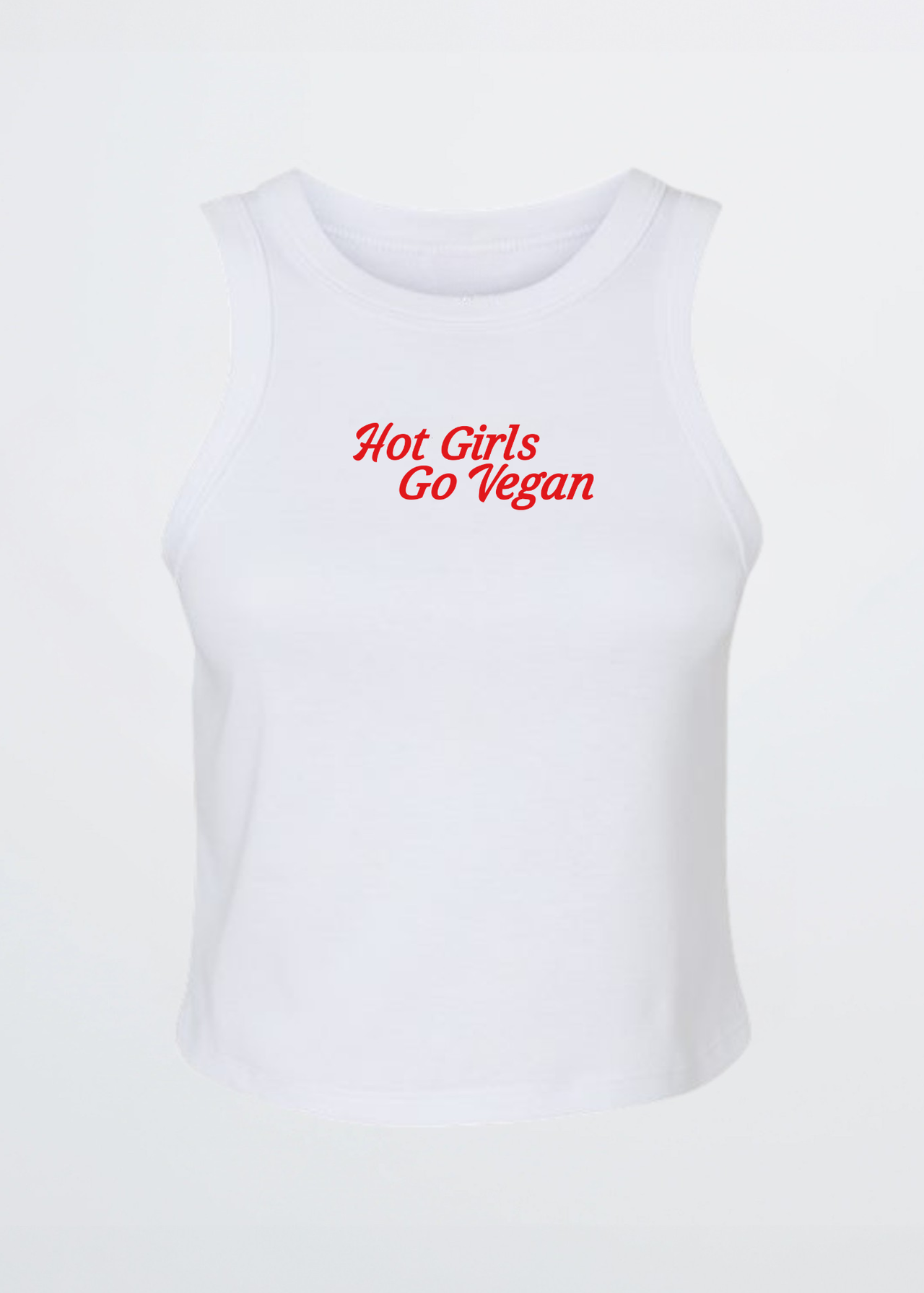 Person wearing a white tank top with 'Hot Girls Go Vegan' text outdoors.
