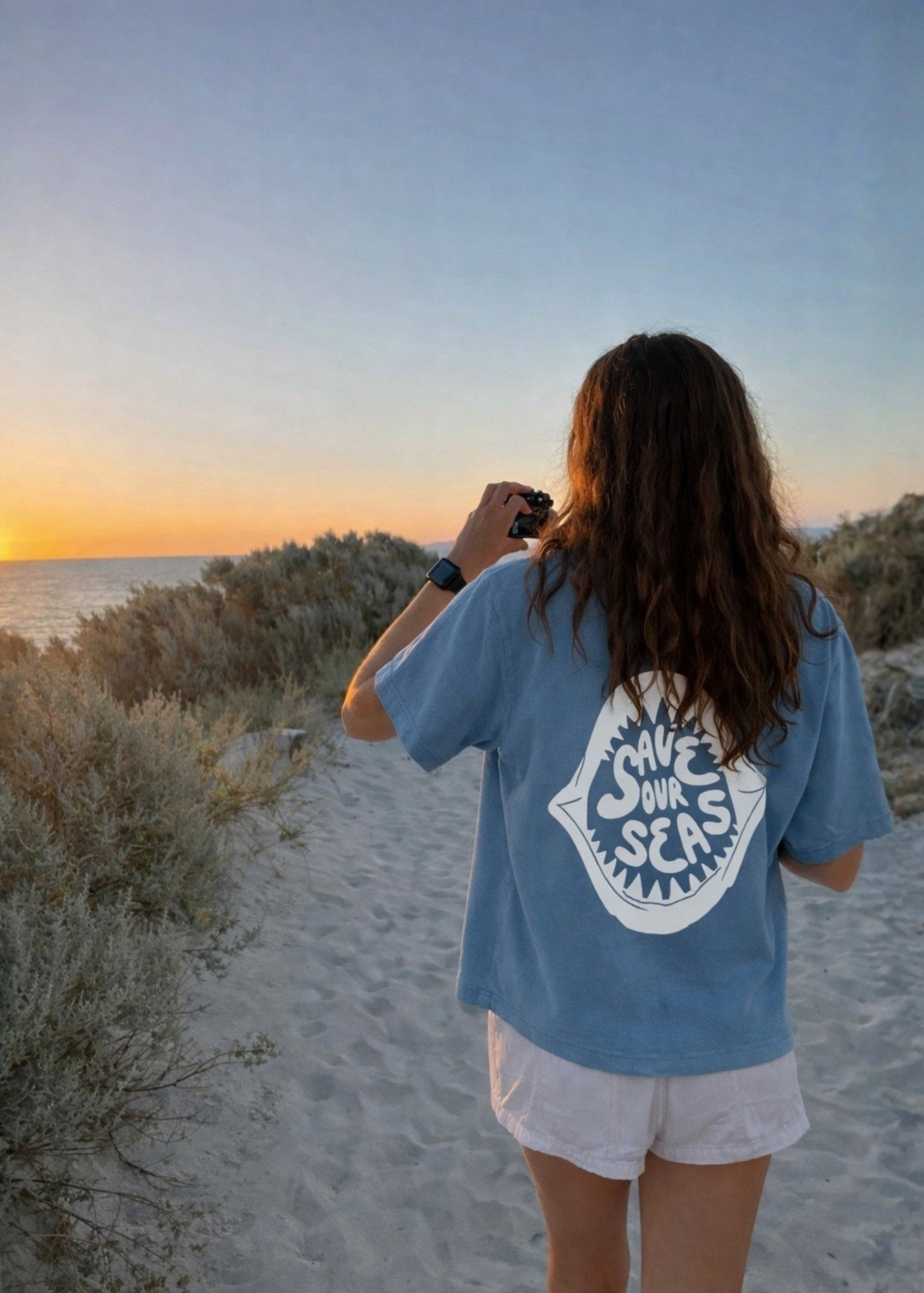 Ocean conservation tee, save our seas graphic on back of blue t shirt 