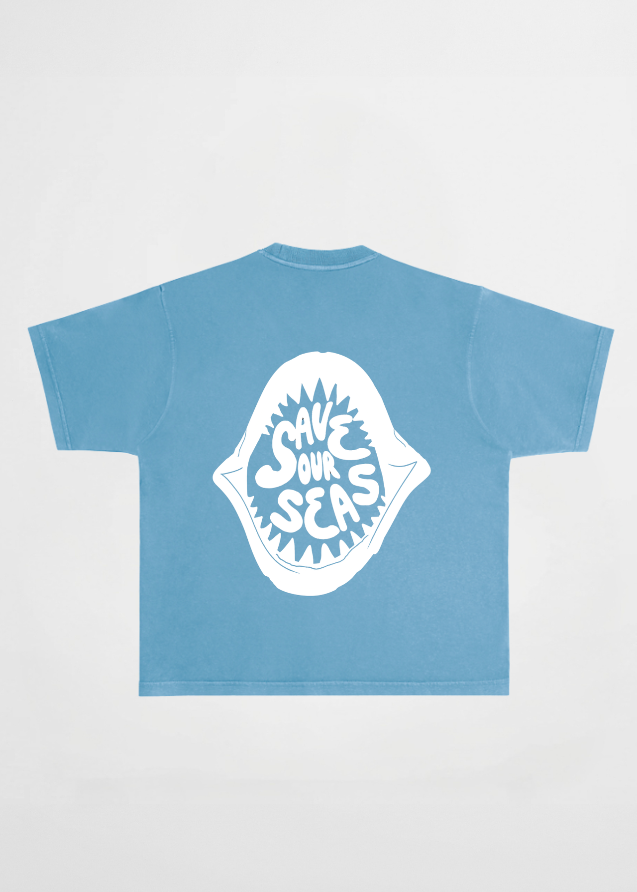Ocean conservation tee, save our seas graphic on back of blue t shirt 