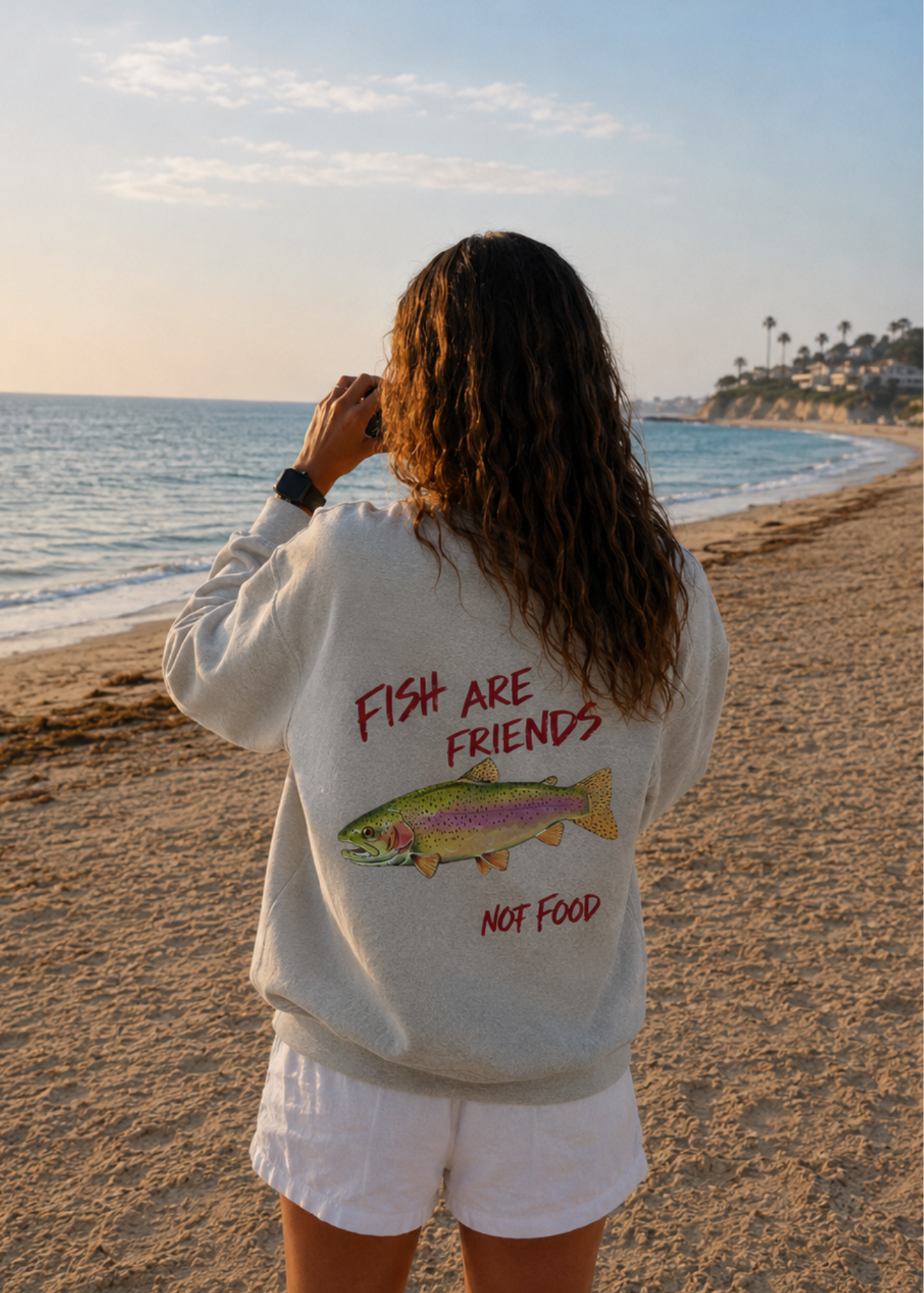 cool girl wearing fish are friends not food slogan crewneck 