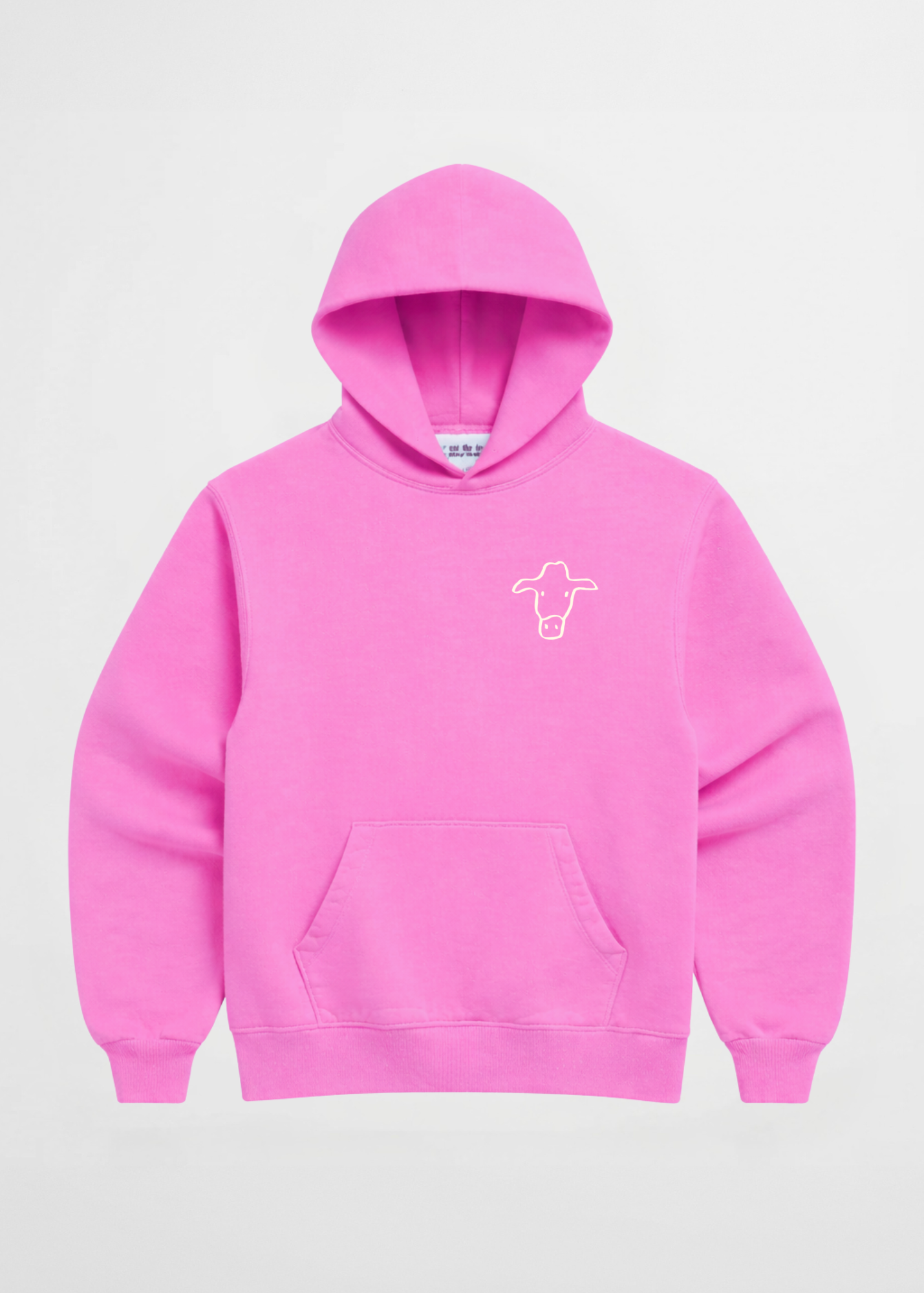 Hot pink empathy hoodie with cow logo on front 